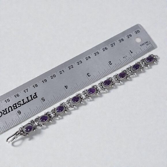 Vintage 925 Silver Amethyst Tennis Bracelet Scrollwork Purple Gemstone 6.5" - Picture 10 of 12